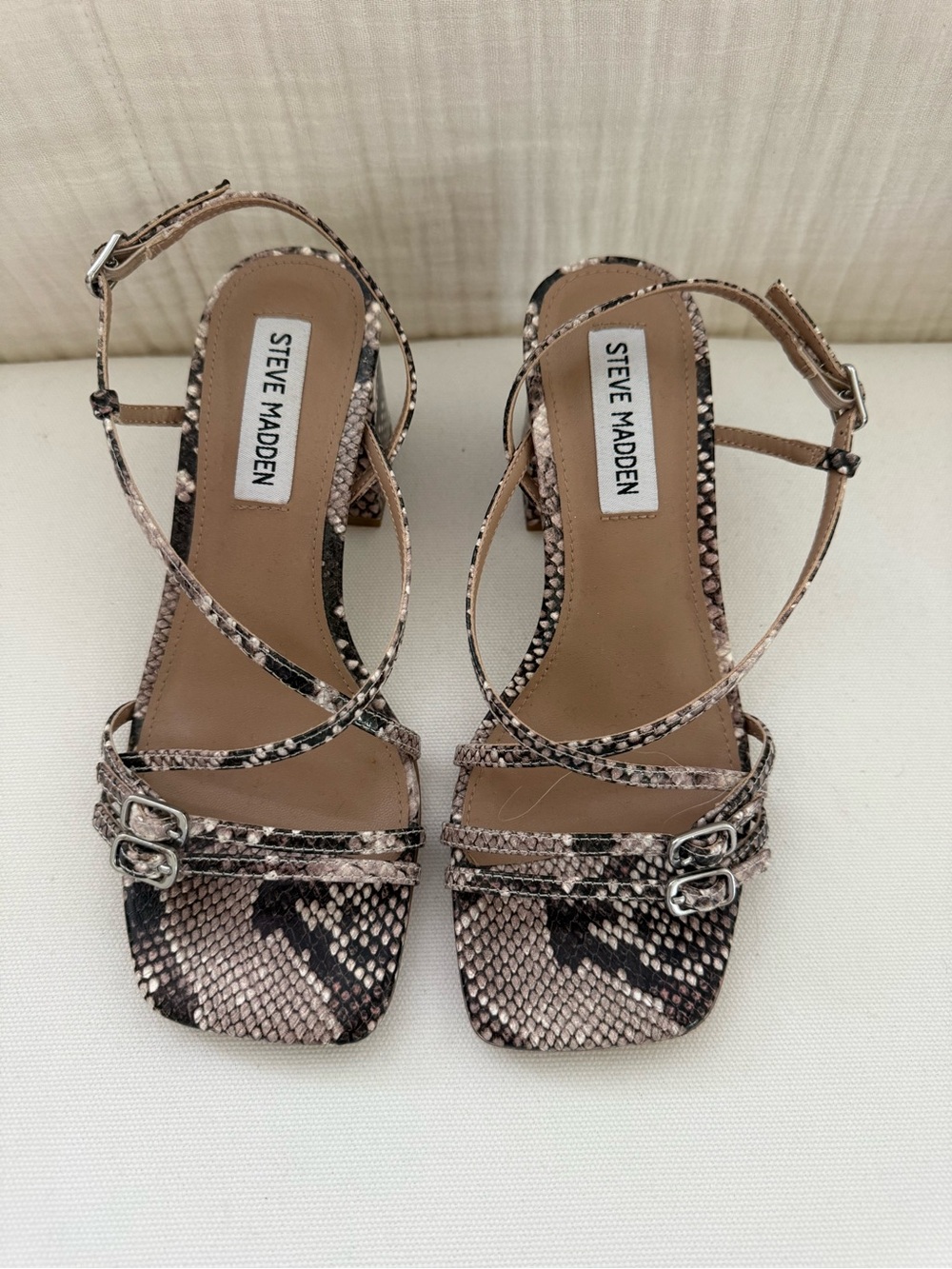Steve Madden Beige and Black Snake-Print Strappy Heels